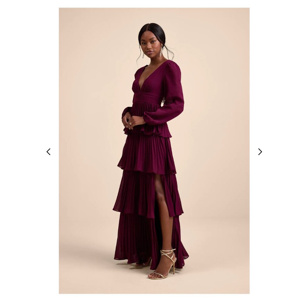 Lulus Graceful Finesse Plum Pleated Long Sleeve Maxi Dress Purple - Size L